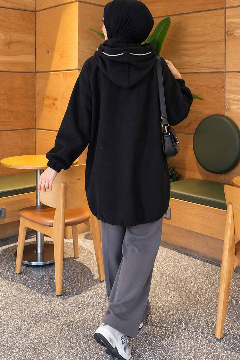 Zip-Up Cape Coat with Patch Pockets - Black