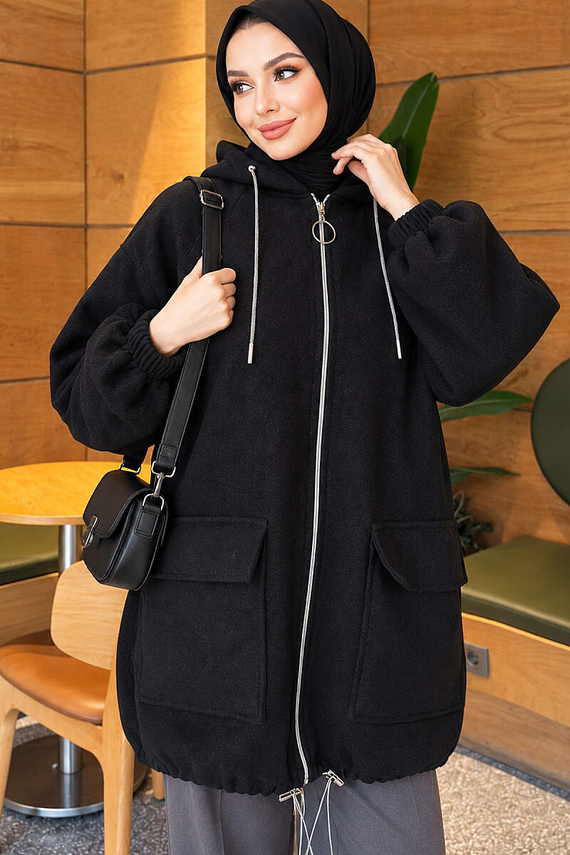 Zip-Up Cape Coat with Patch Pockets - Black