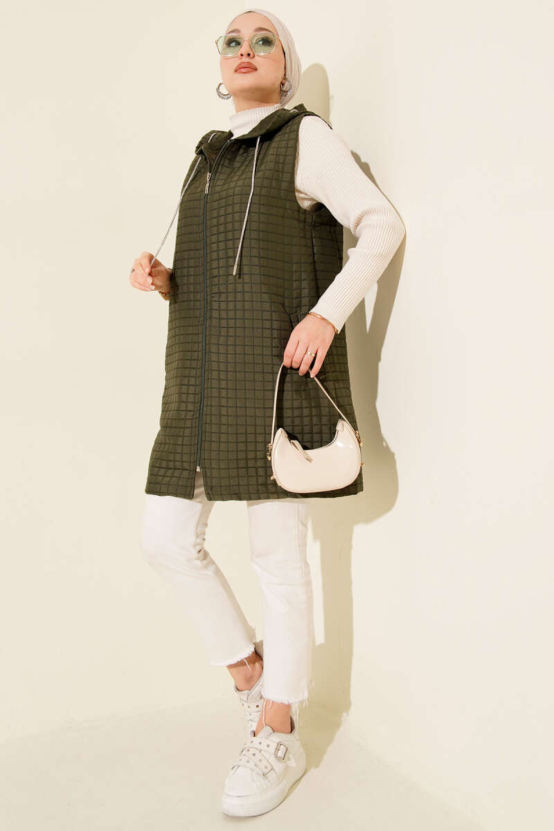 Long Zip Quilted Vest - Khaki