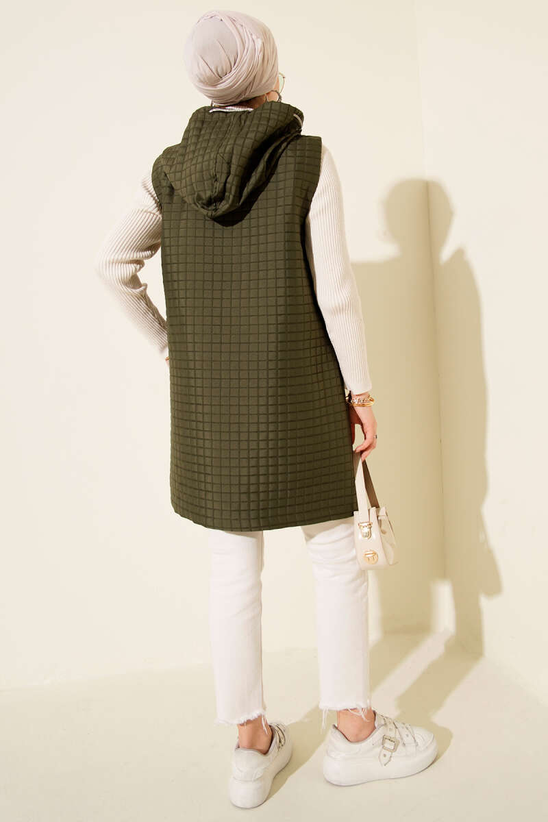 Long Zip Quilted Vest - Khaki