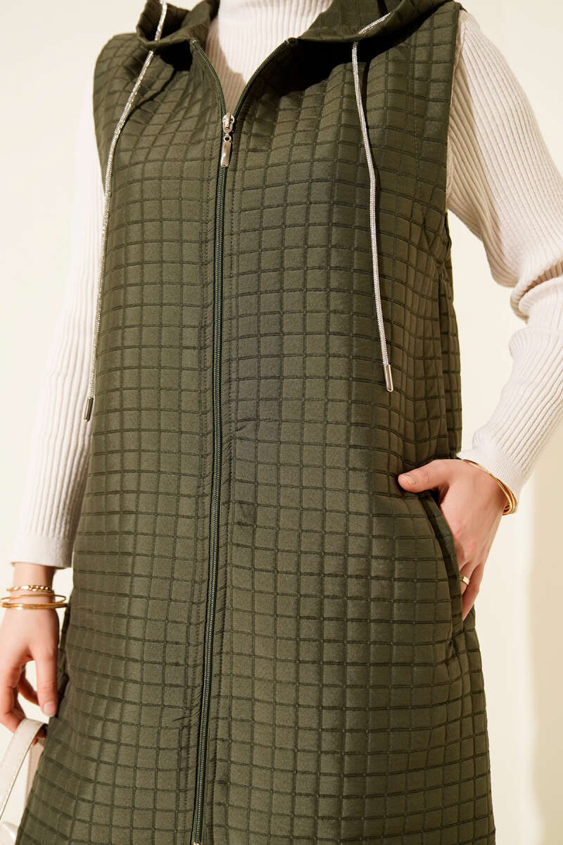 Long Zip Quilted Vest - Khaki