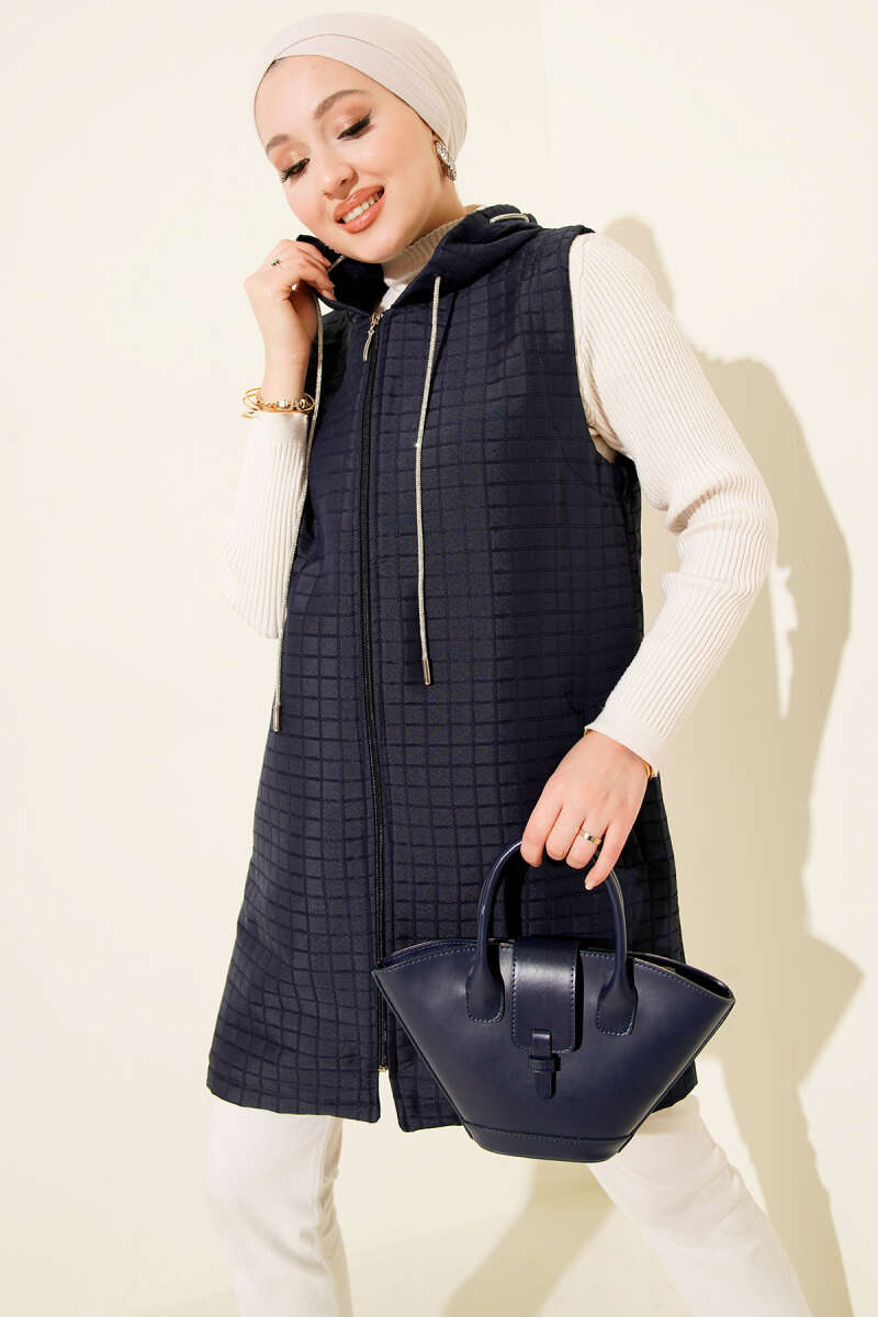 Long Zip Quilted Vest - Navy