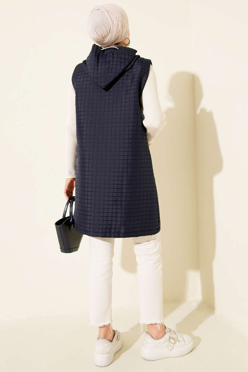 Long Zip Quilted Vest - Navy