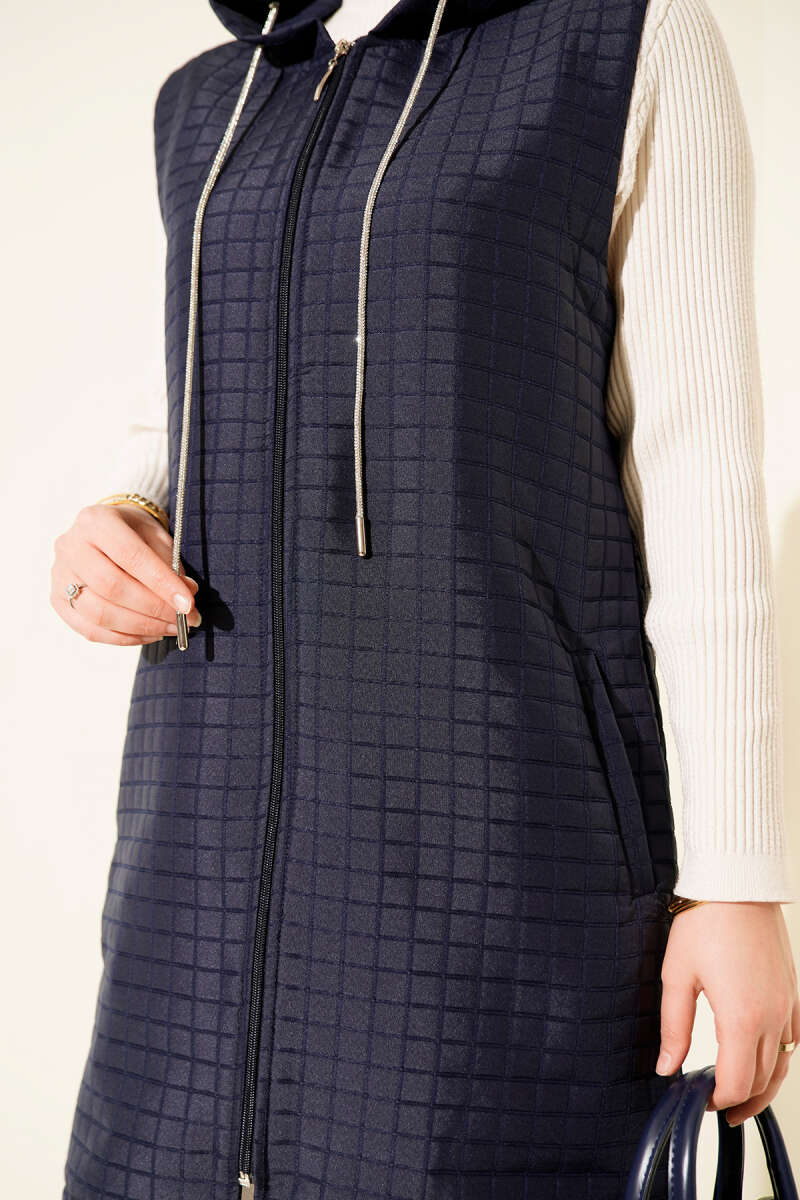 Long Zip Quilted Vest - Navy