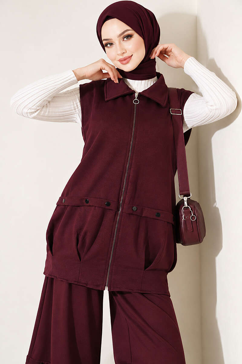 Loycha Two-Piece Set with Zip Vest - Plum