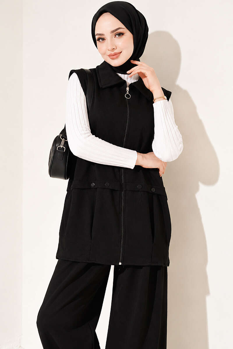 Loycha Two-Piece Set with Zip Vest - Black