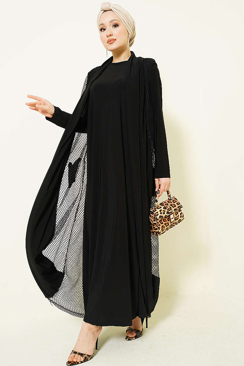 Abaya with Mesh Detail - Black