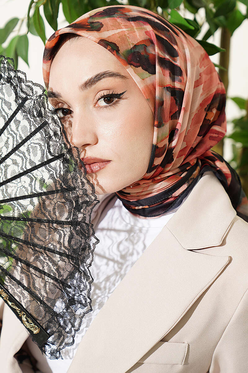 Brushstroke Print Soft Scarf - Black-Beige