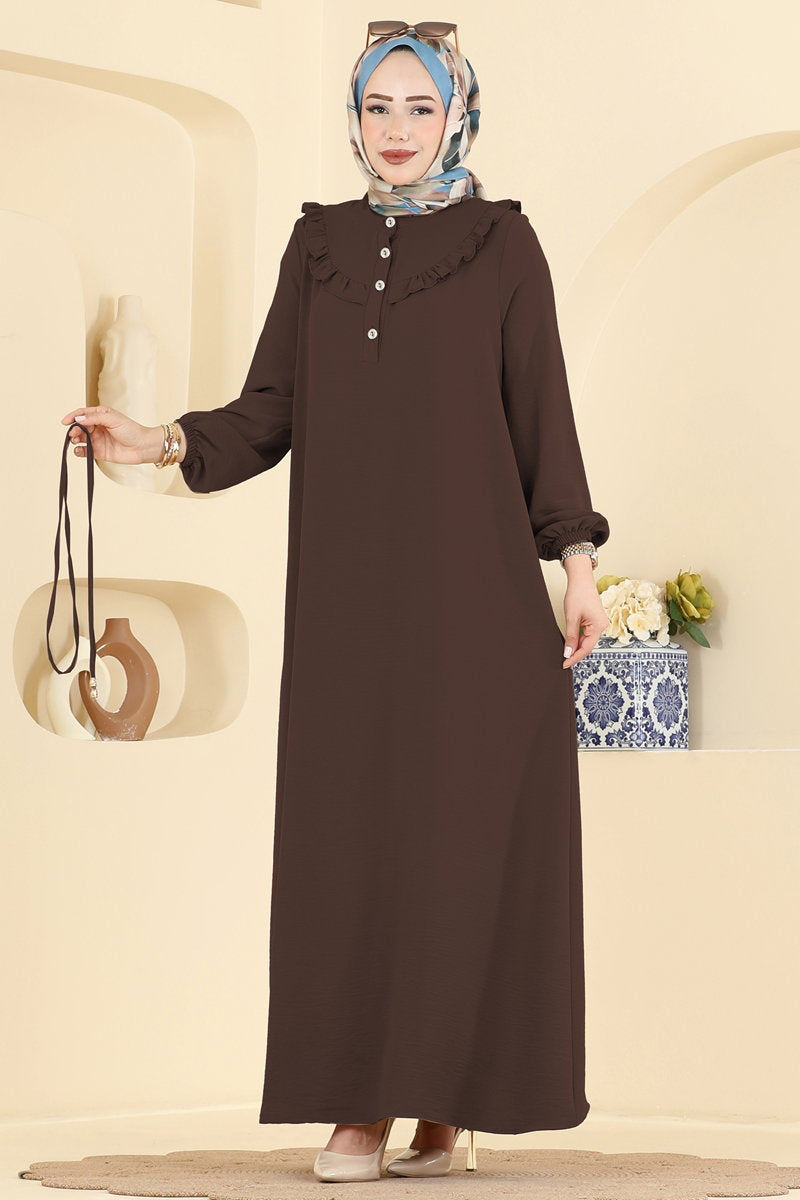 Ruffled Aerobin Dress with Piped Belt - Brown