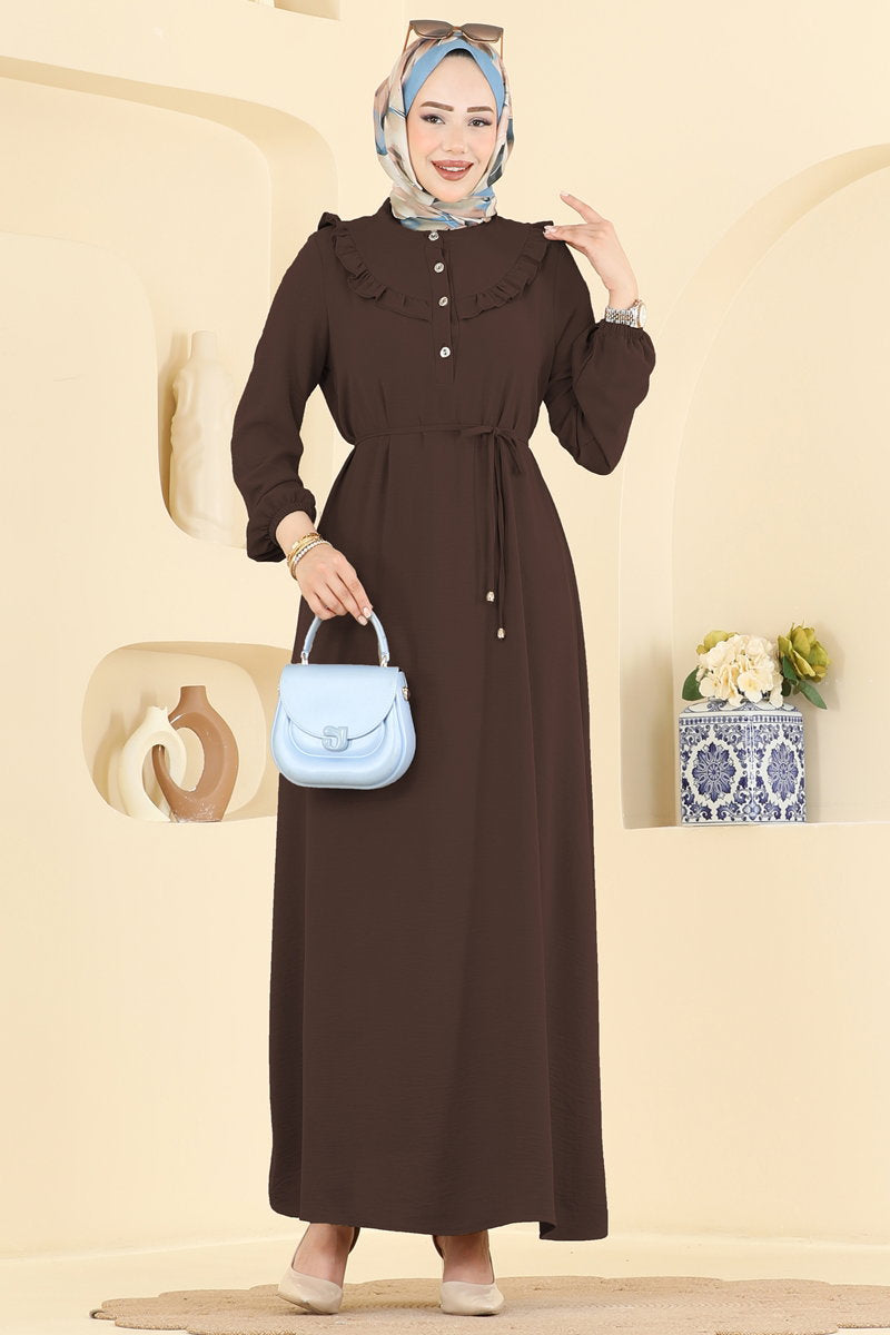 Ruffled Aerobin Dress with Piped Belt - Brown