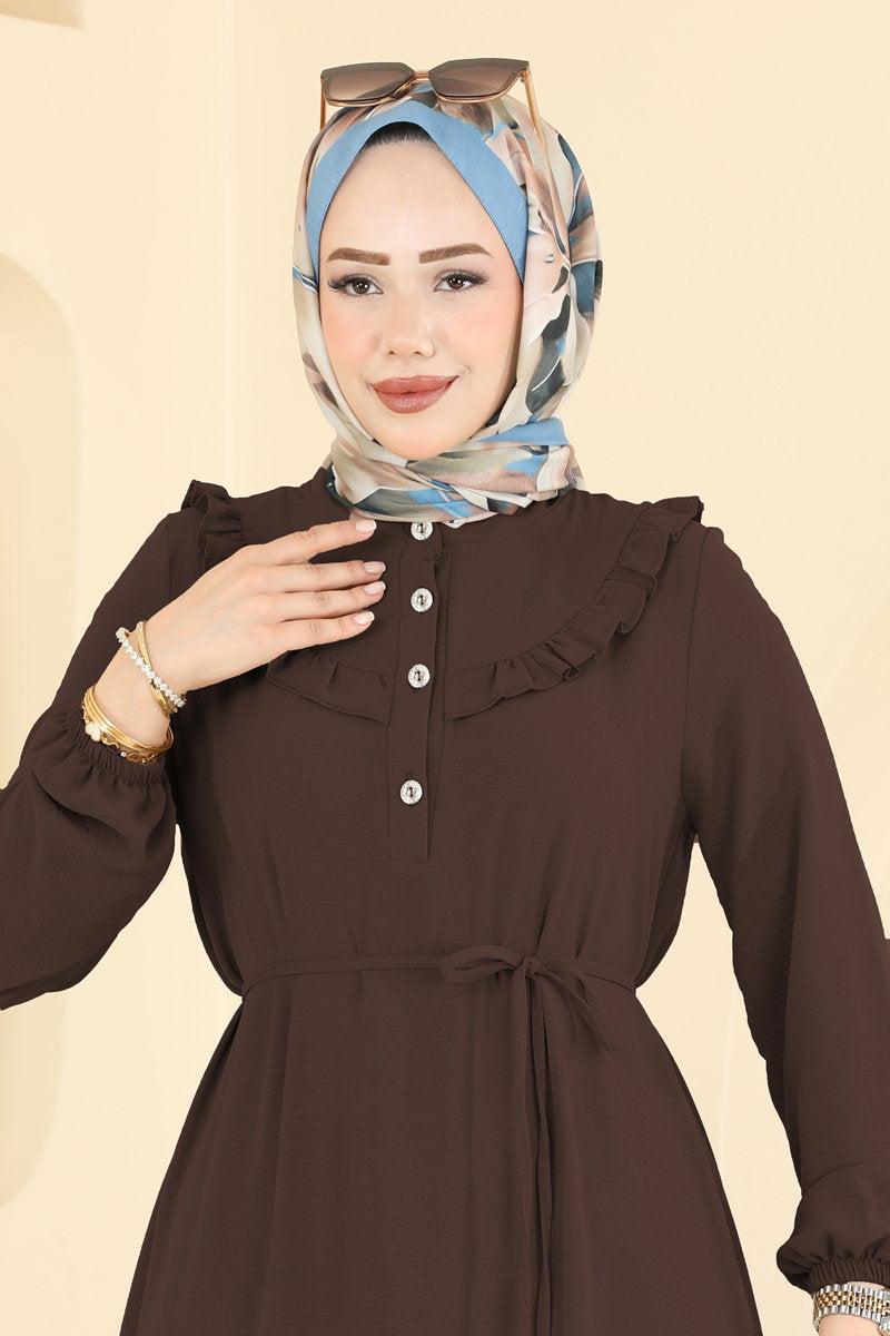 Ruffled Aerobin Dress with Piped Belt - Brown
