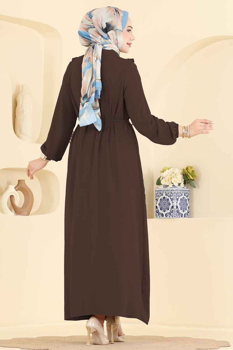 Ruffled Aerobin Dress with Piped Belt - Brown