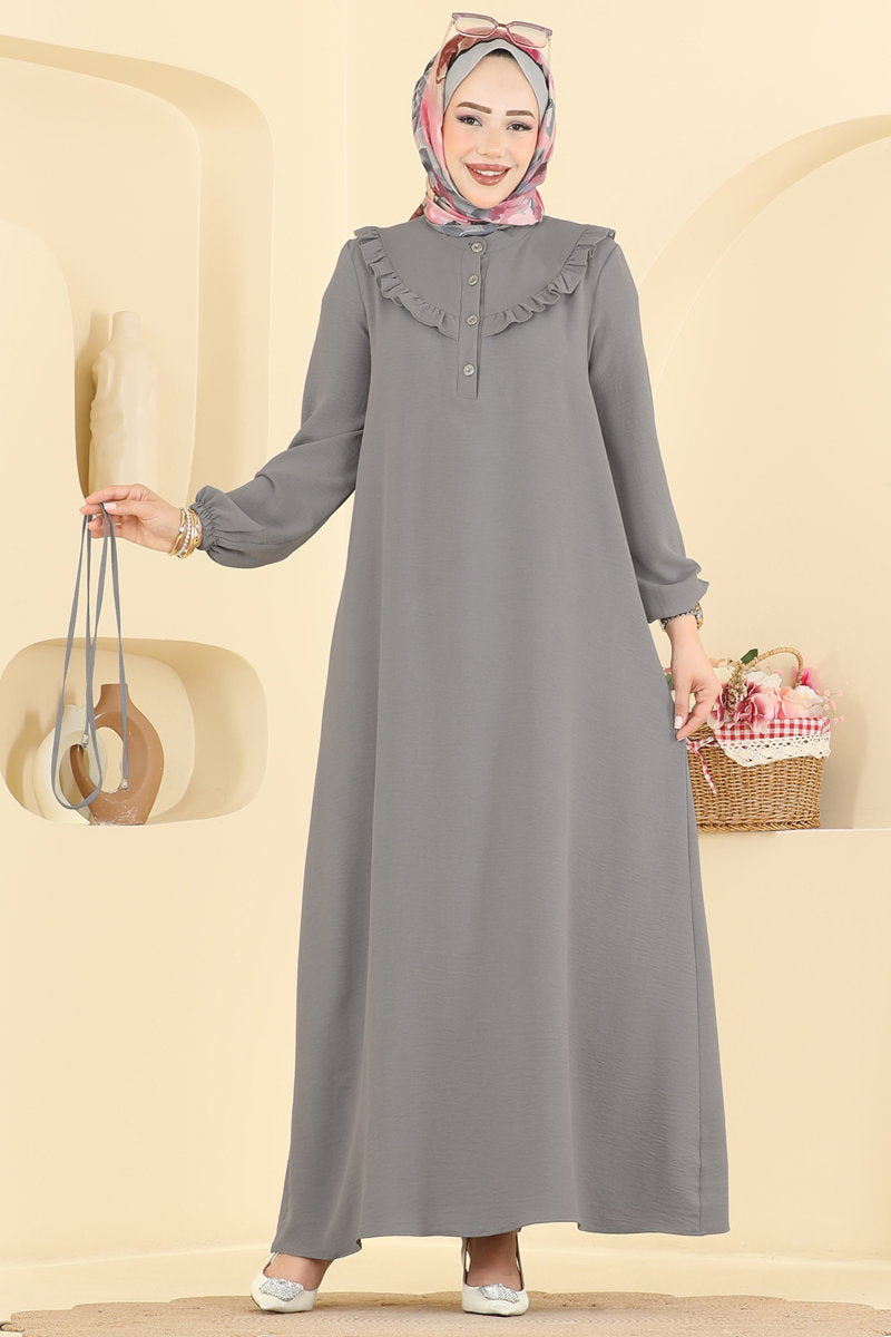 Ruffled Aerobin Dress with Piped Belt - Dark Grey