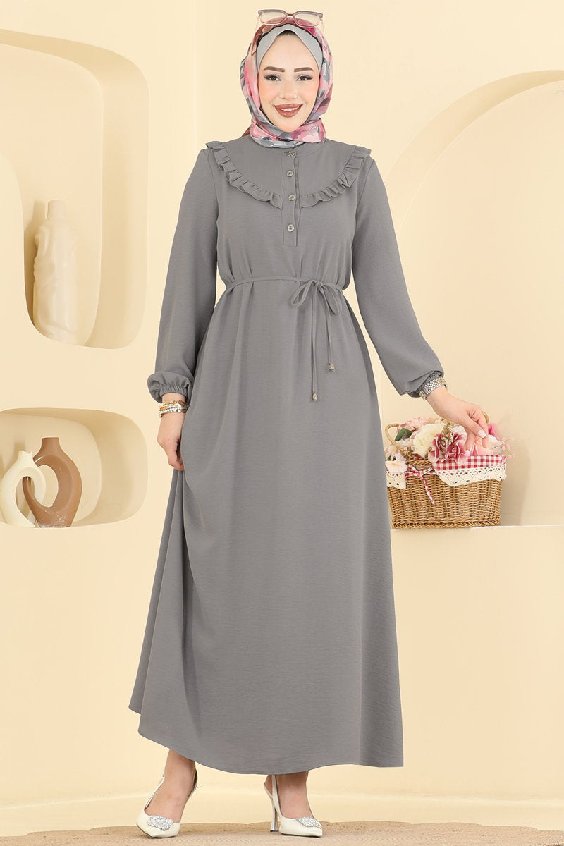 Ruffled Aerobin Dress with Piped Belt - Dark Grey