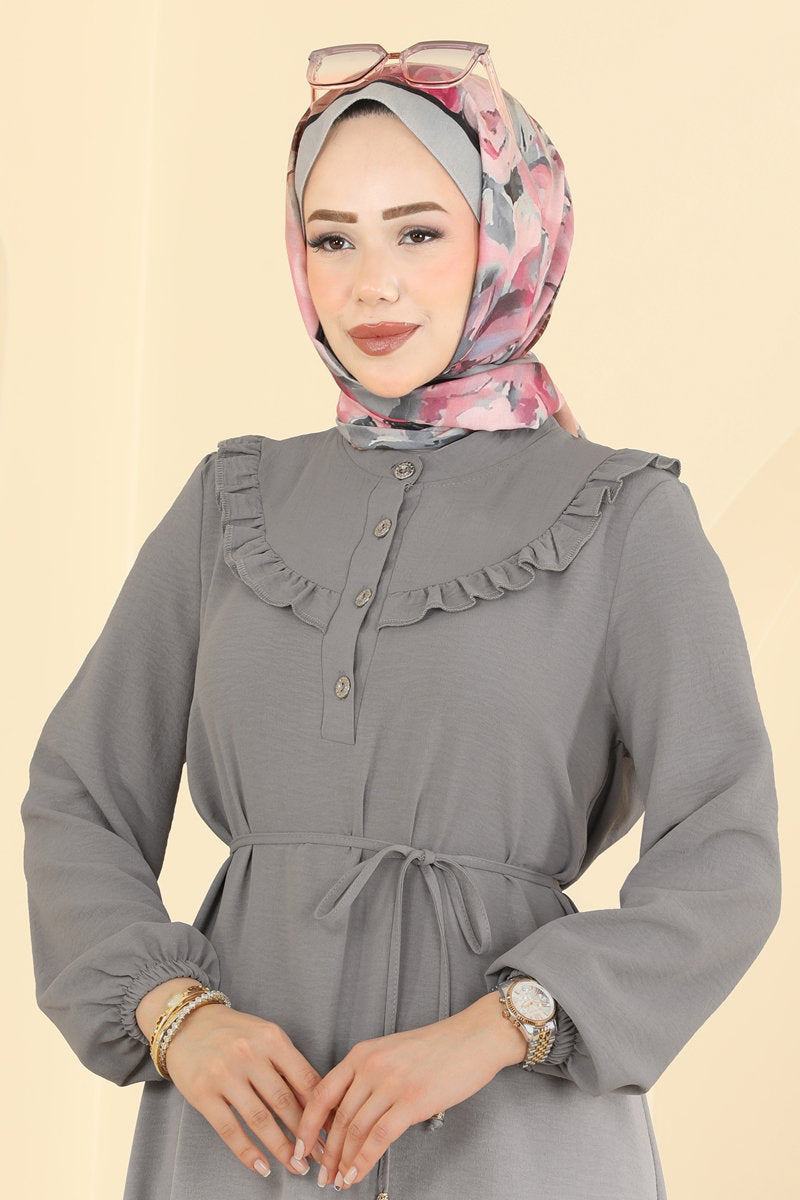 Ruffled Aerobin Dress with Piped Belt - Dark Grey