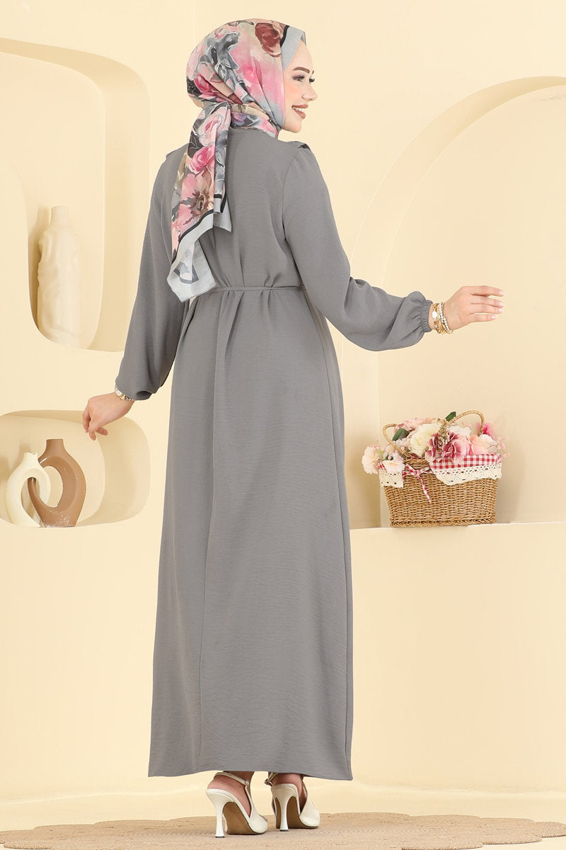 Ruffled Aerobin Dress with Piped Belt - Dark Grey