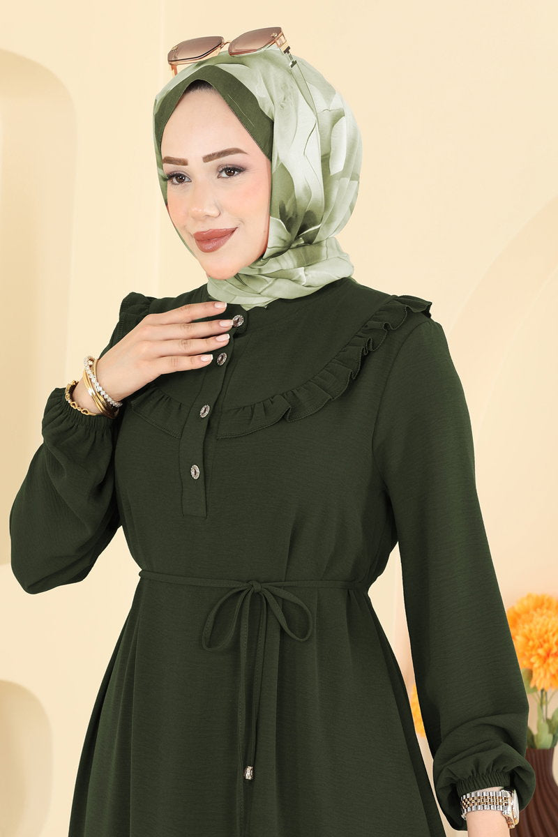 Ruffled Aerobin Dress with Piped Belt - Dark Khaki