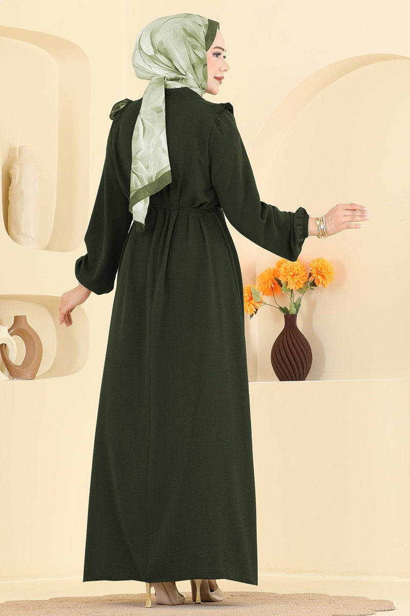 Ruffled Aerobin Dress with Piped Belt - Dark Khaki