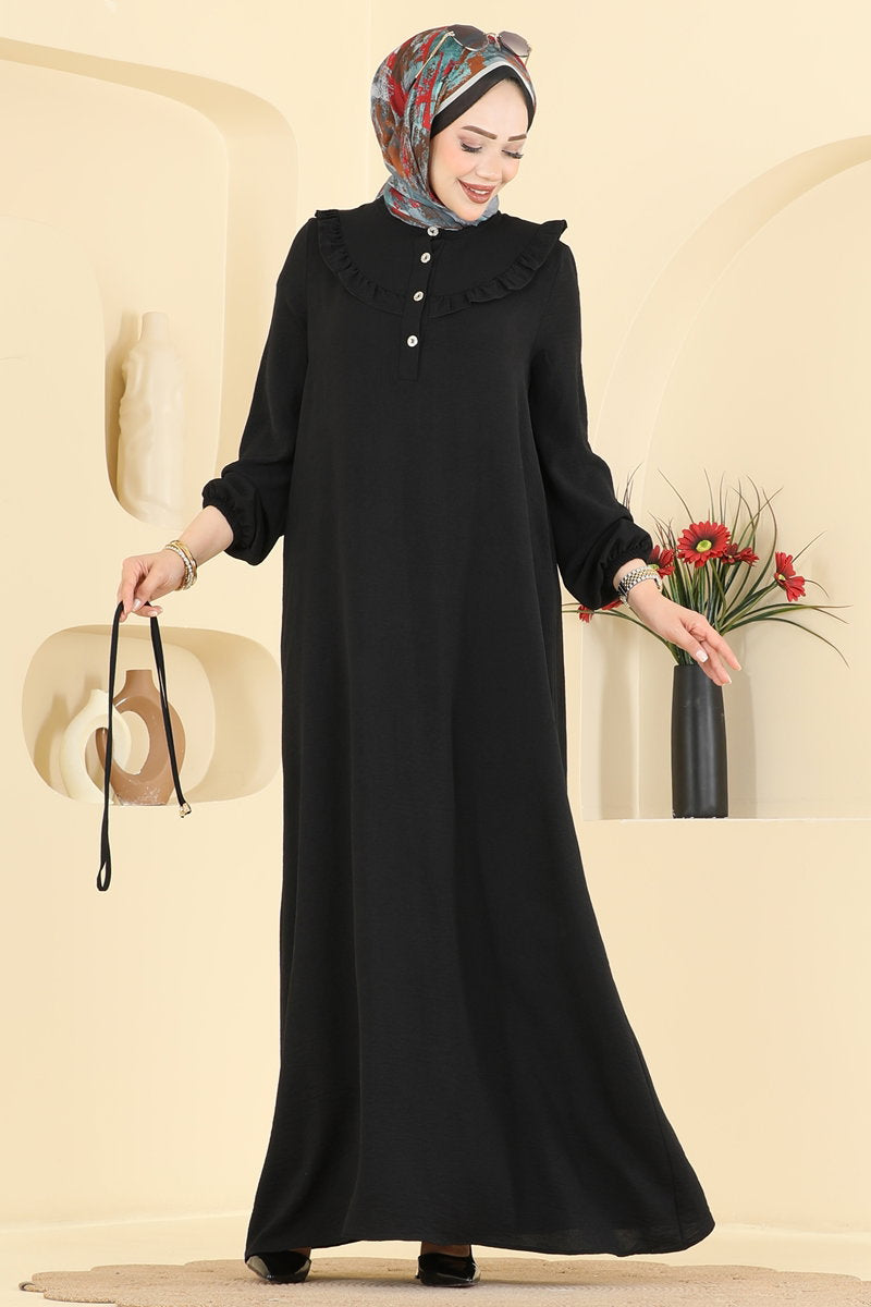 Ruffled Aerobin Dress with Piped Belt - Black