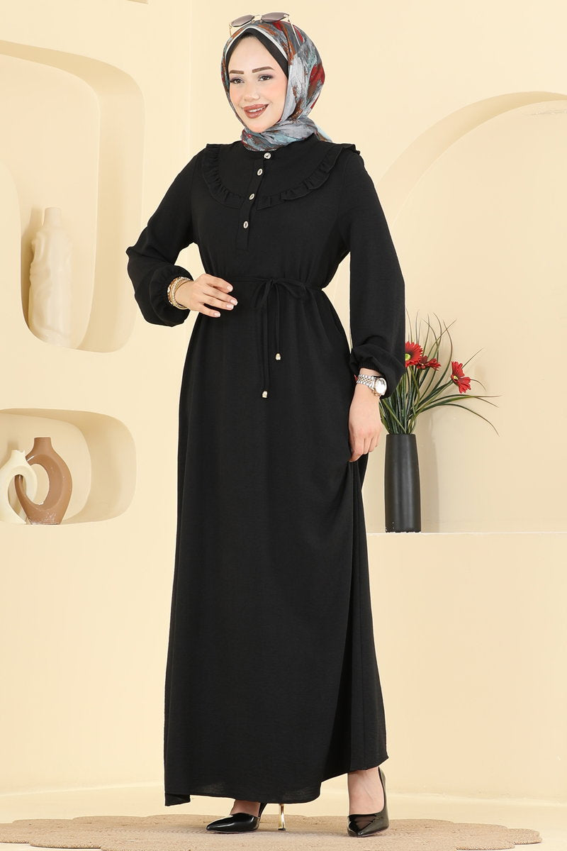 Ruffled Aerobin Dress with Piped Belt - Black