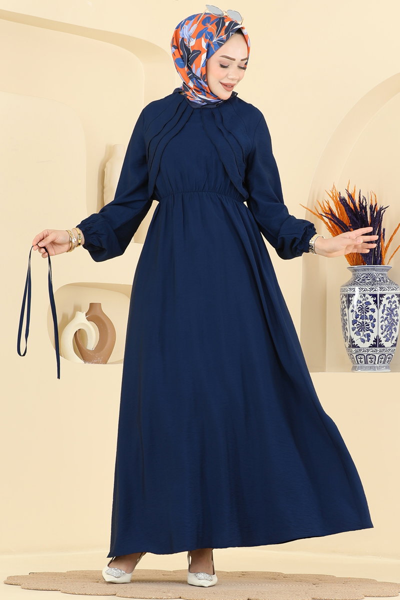 Ruffled Dress with Tie - Navy