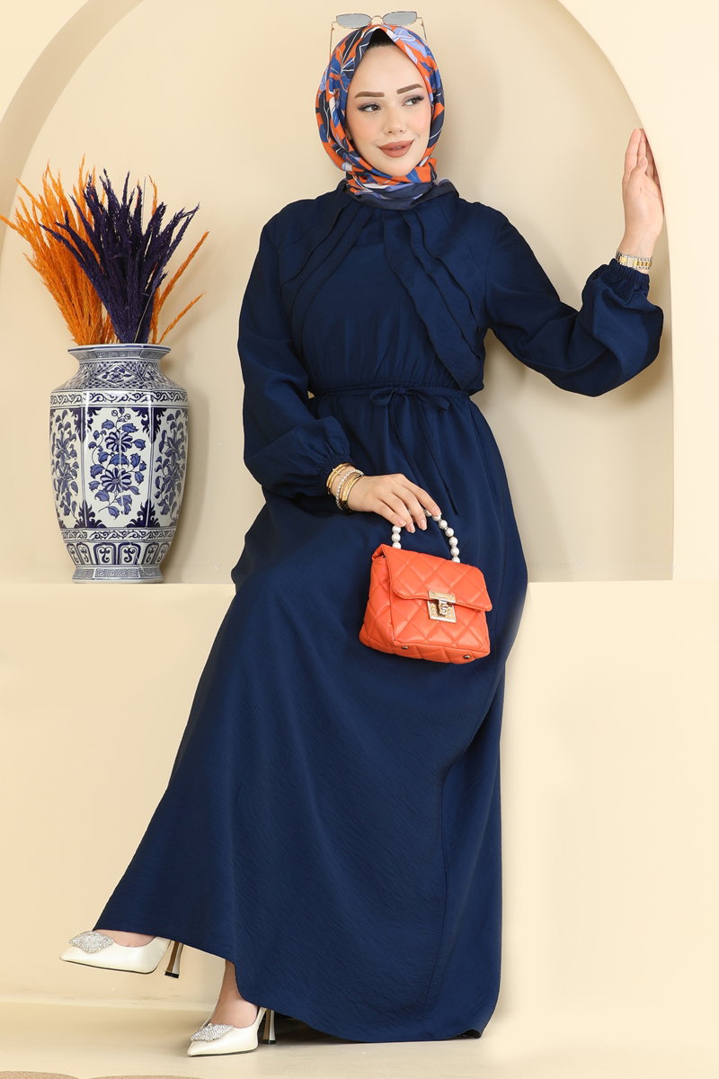 Ruffled Dress with Tie - Navy
