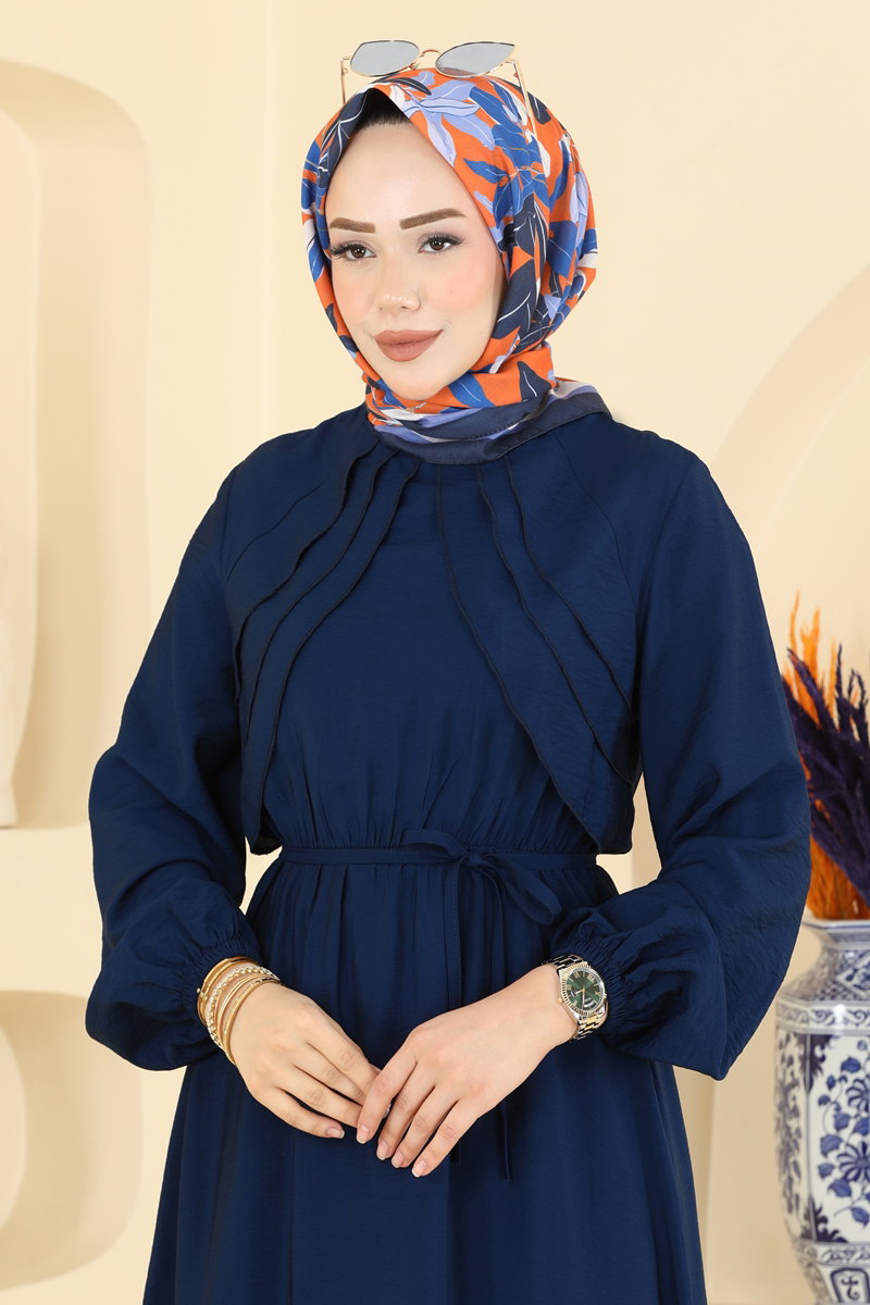 Ruffled Dress with Tie - Navy