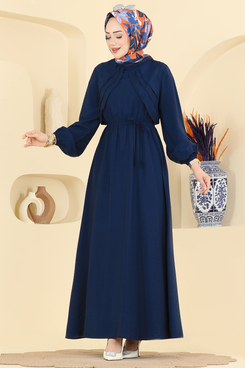 Ruffled Dress with Tie - Navy