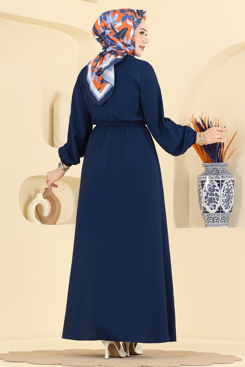 Ruffled Dress with Tie - Navy