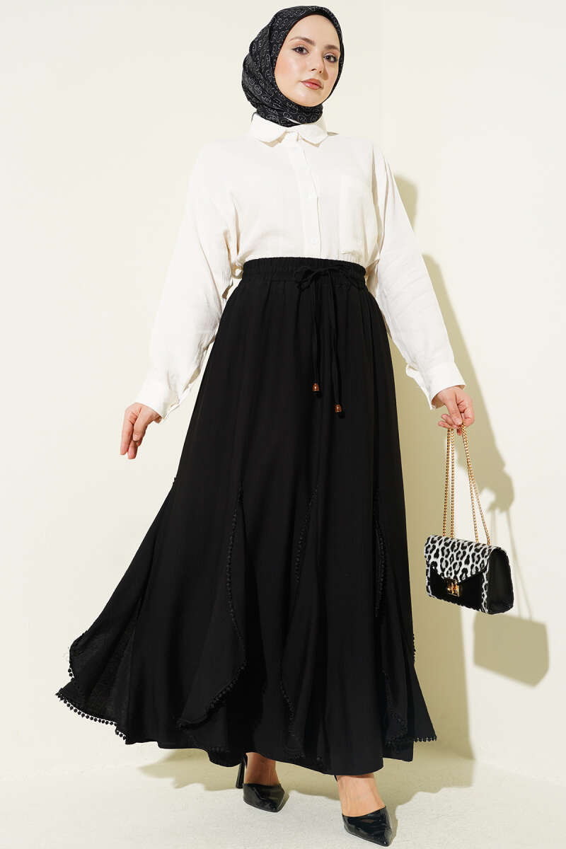 Ruffle-Detail Skirt with Elastic Waist - Black