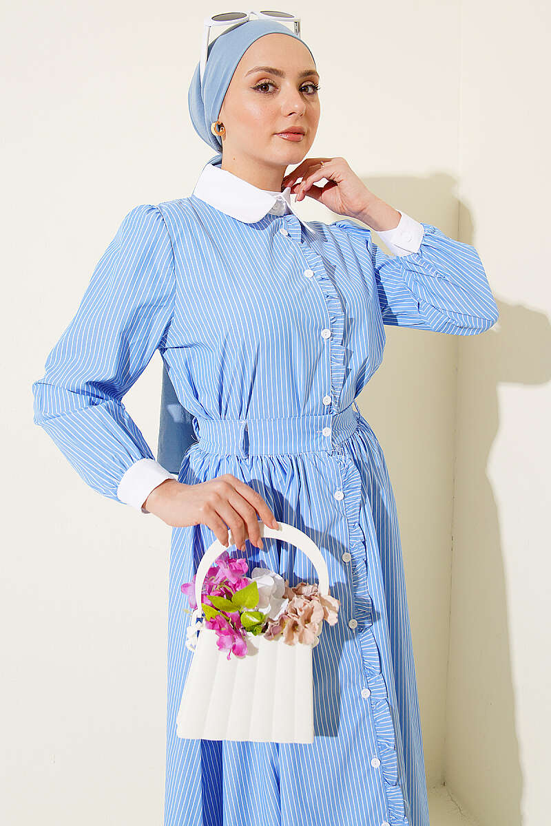 Striped Ruffle Skirt Set - Blue