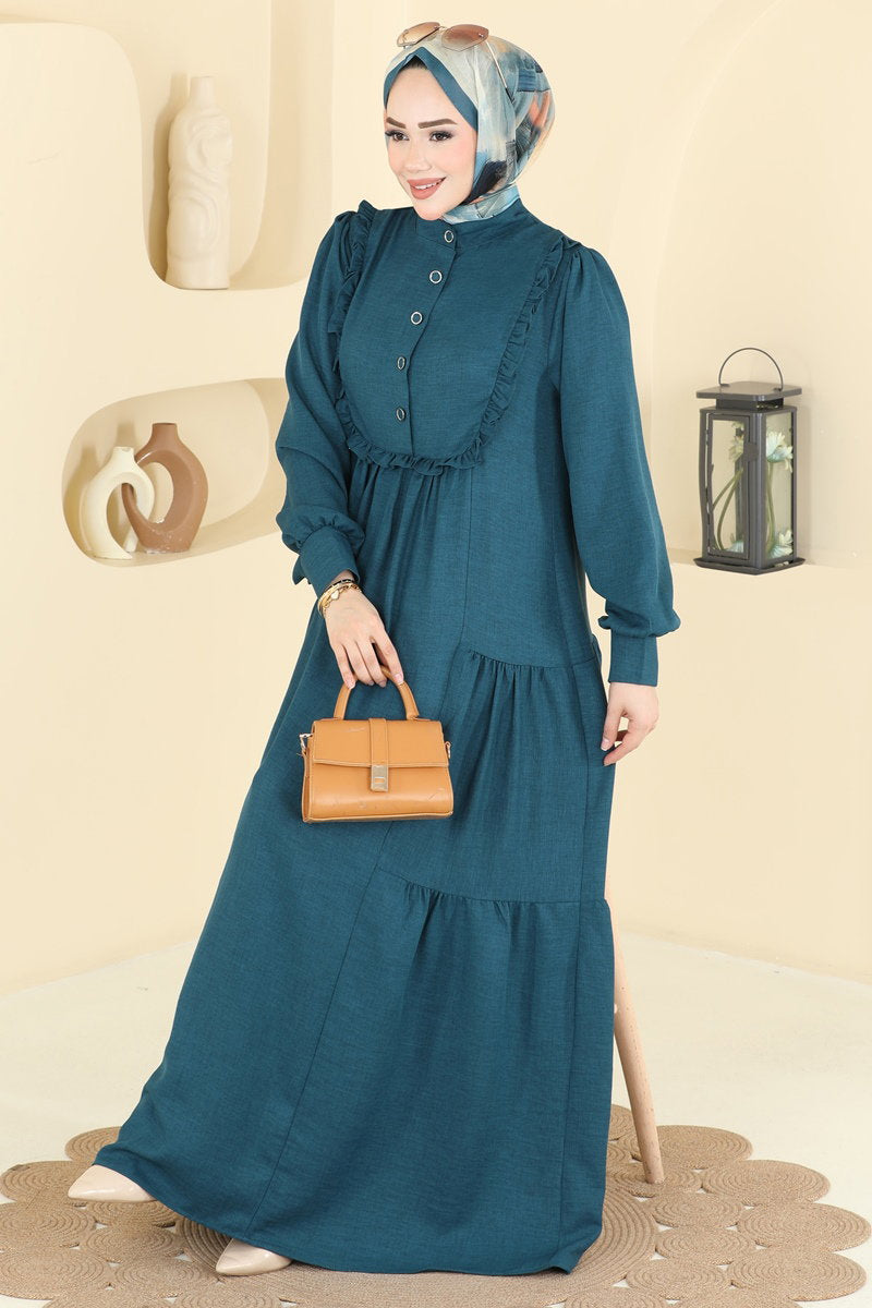 Linen Button Dress with Ruffles - Teal