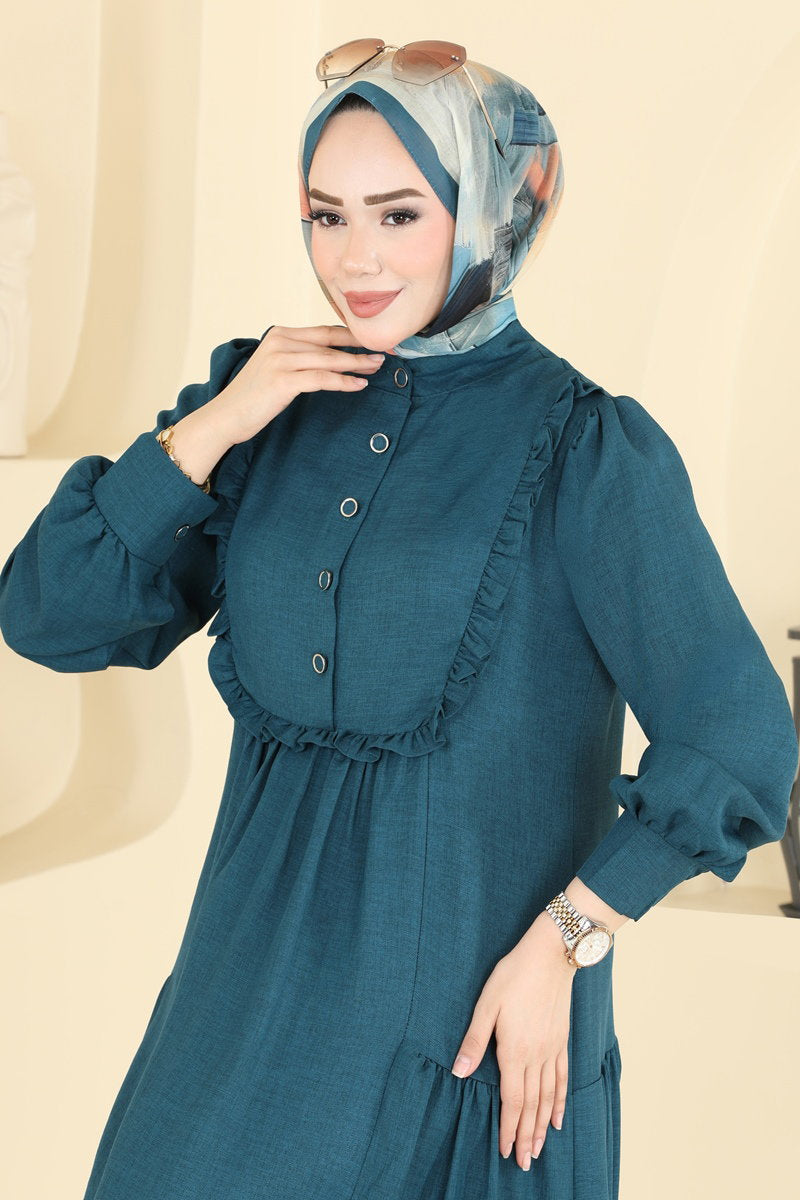 Linen Button Dress with Ruffles - Teal