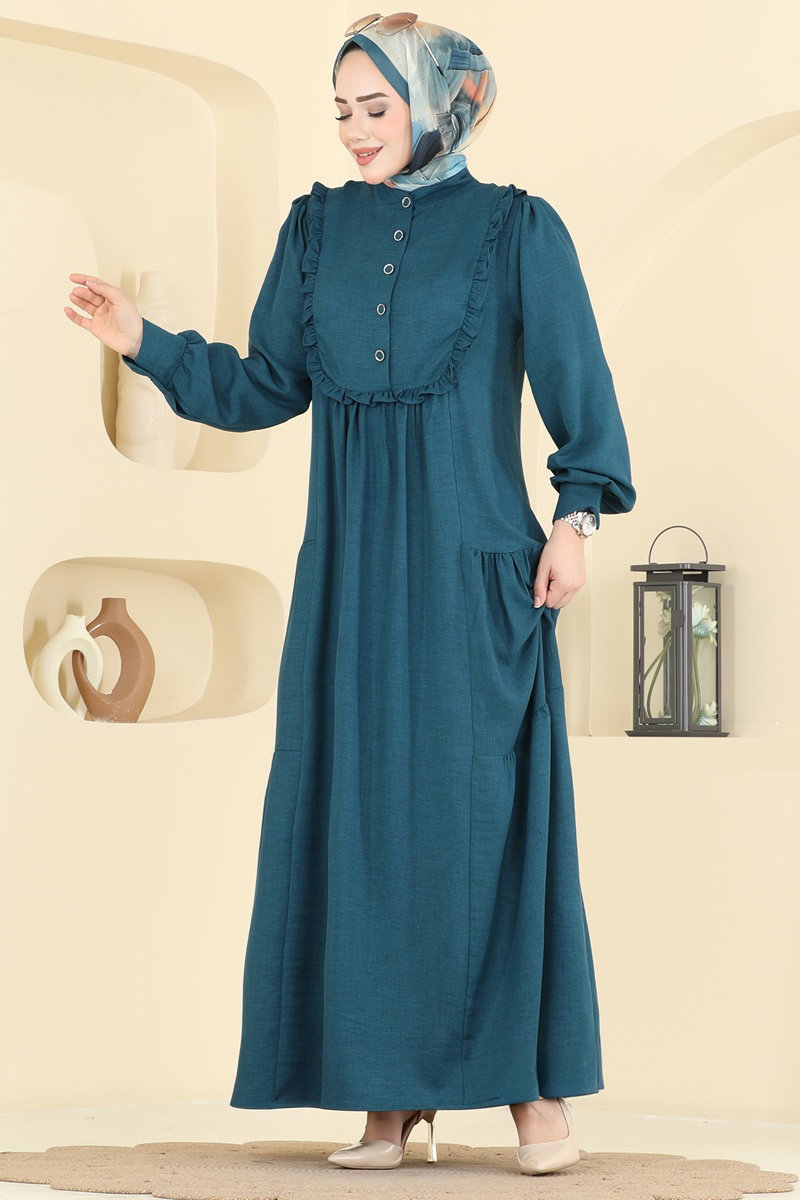 Linen Button Dress with Ruffles - Teal