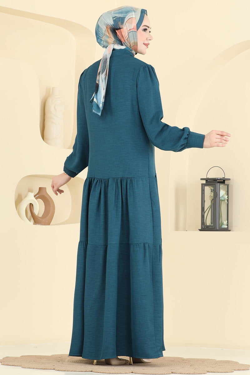 Linen Button Dress with Ruffles - Teal