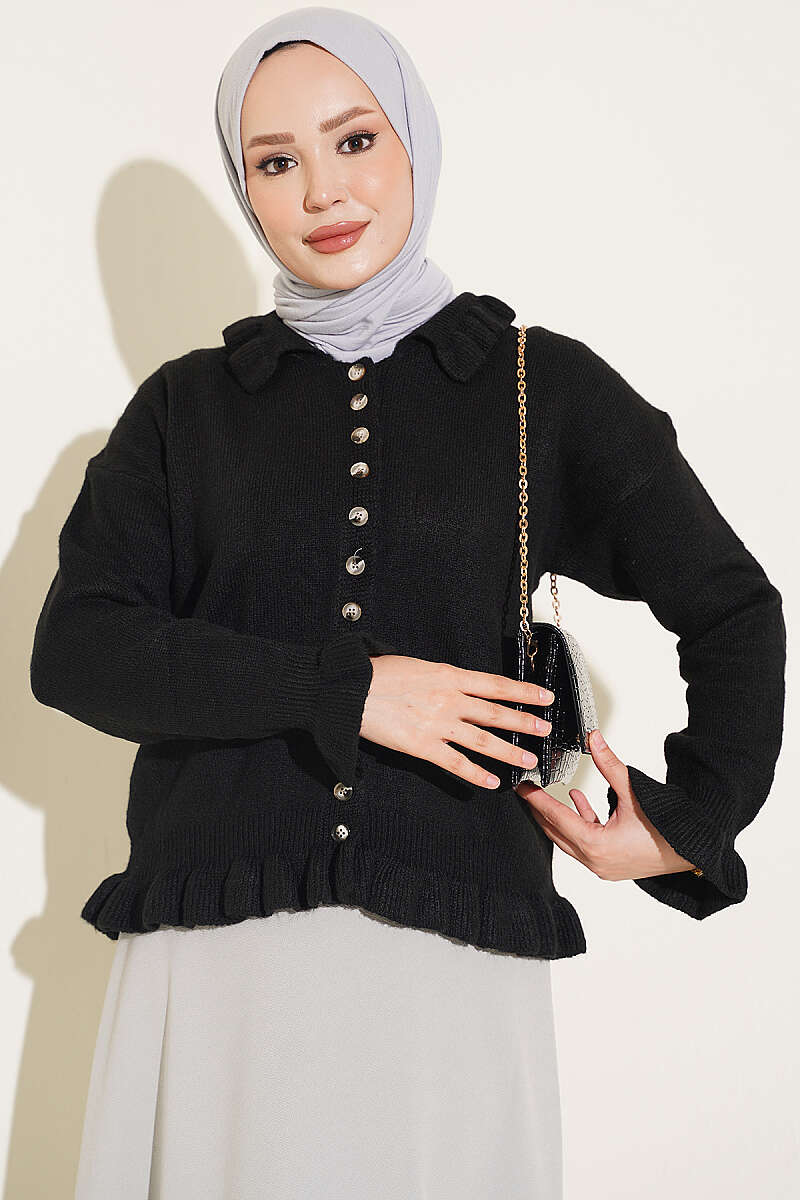 Ruffle-Trim Button Knit Cardigan - Black