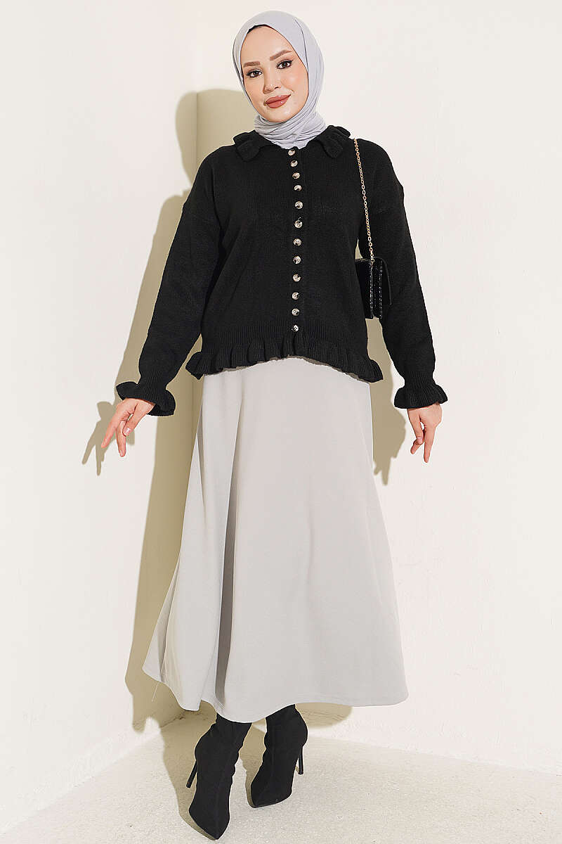Ruffle-Trim Button Knit Cardigan - Black