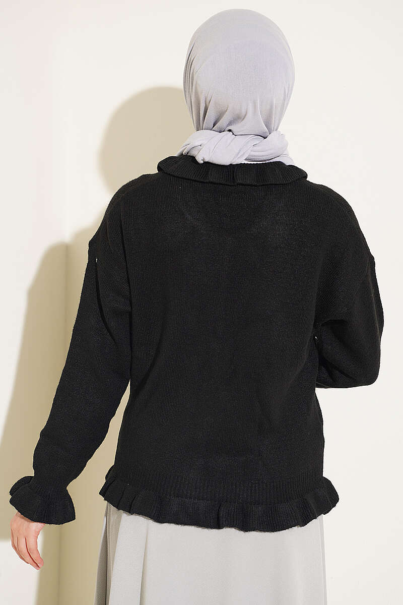 Ruffle-Trim Button Knit Cardigan - Black