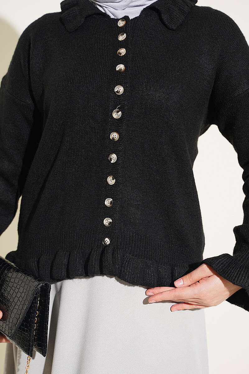 Ruffle-Trim Button Knit Cardigan - Black