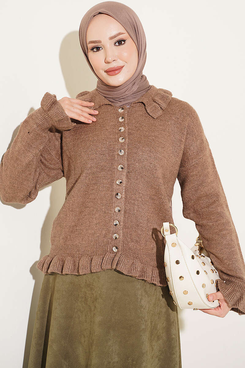 Ruffle-Trim Button Knit Cardigan - Mink