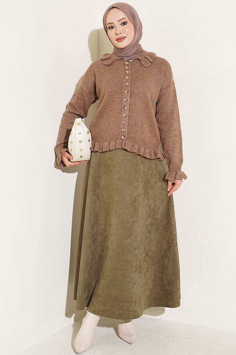 Ruffle-Trim Button Knit Cardigan - Mink
