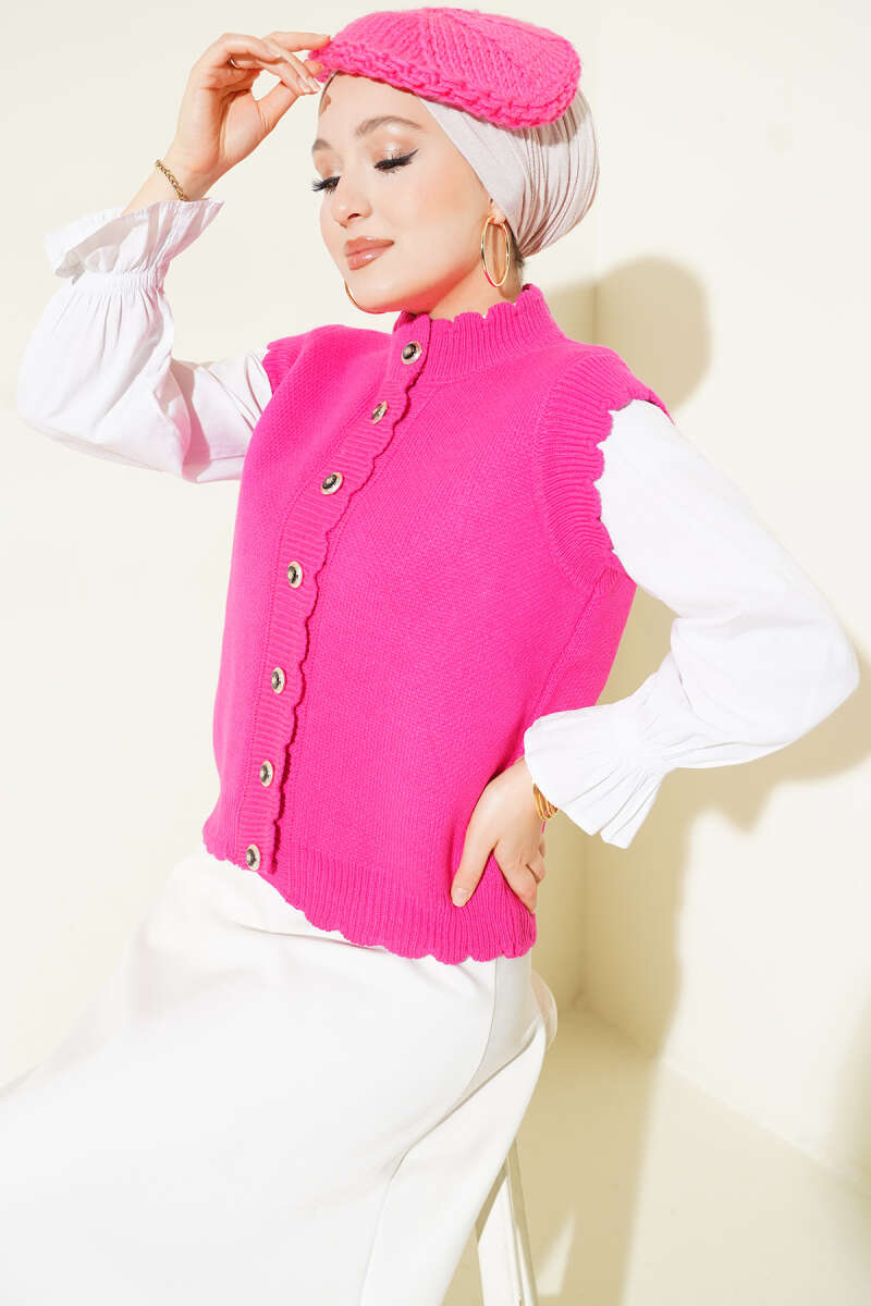Ruffle-Trim Button Knit Vest - Fuchsia