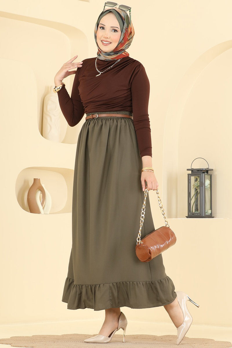 Ruffle-Detail Crepe Skirt - Khaki
