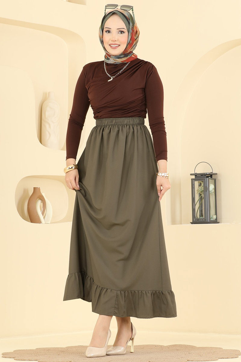 Ruffle-Detail Crepe Skirt - Khaki