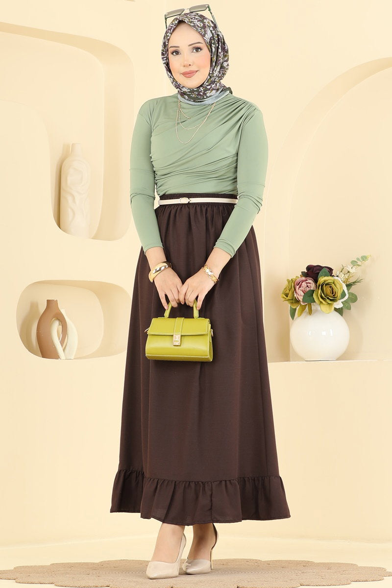 Ruffle-Detail Crepe Skirt - Brown
