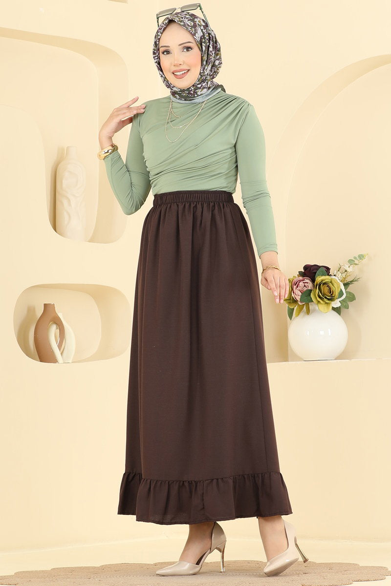 Ruffle-Detail Crepe Skirt - Brown