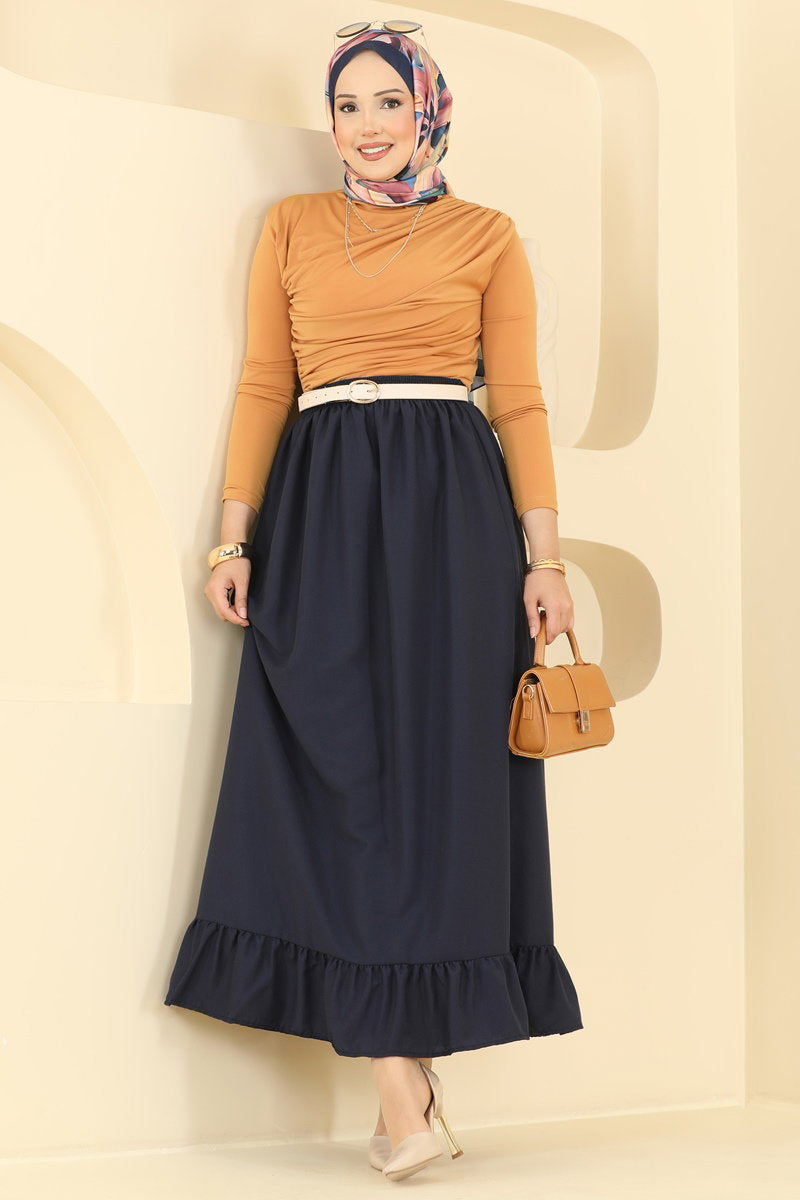 Ruffle-Detail Crepe Skirt - Navy