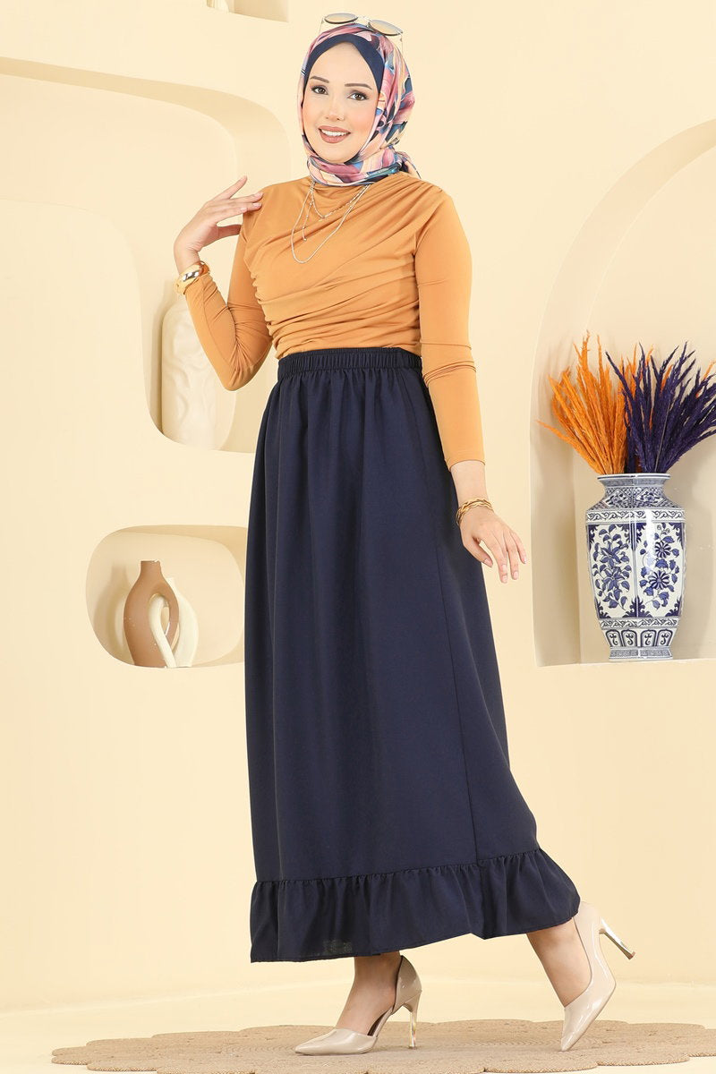 Ruffle-Detail Crepe Skirt - Navy