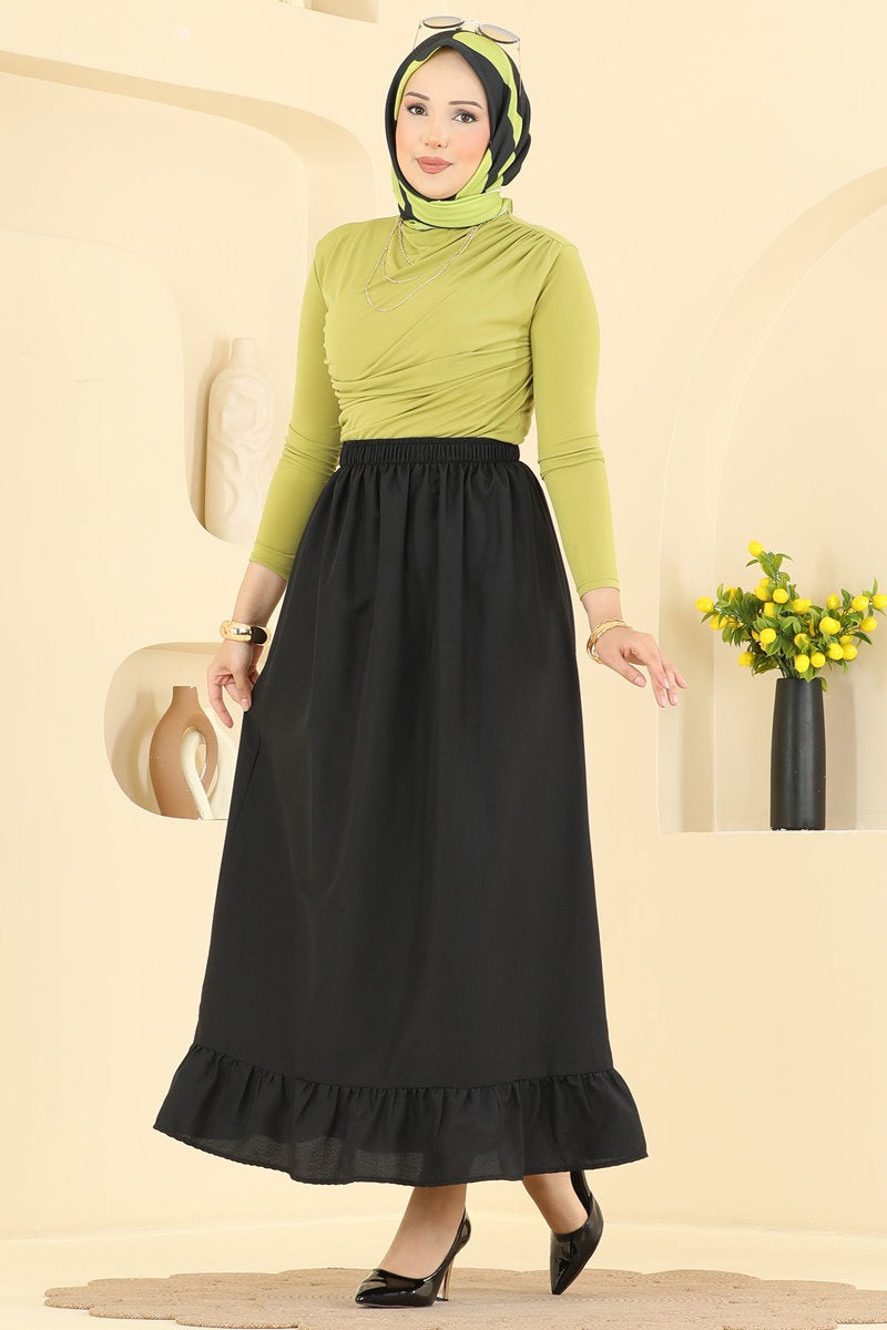 Ruffle-Detail Crepe Skirt - Black