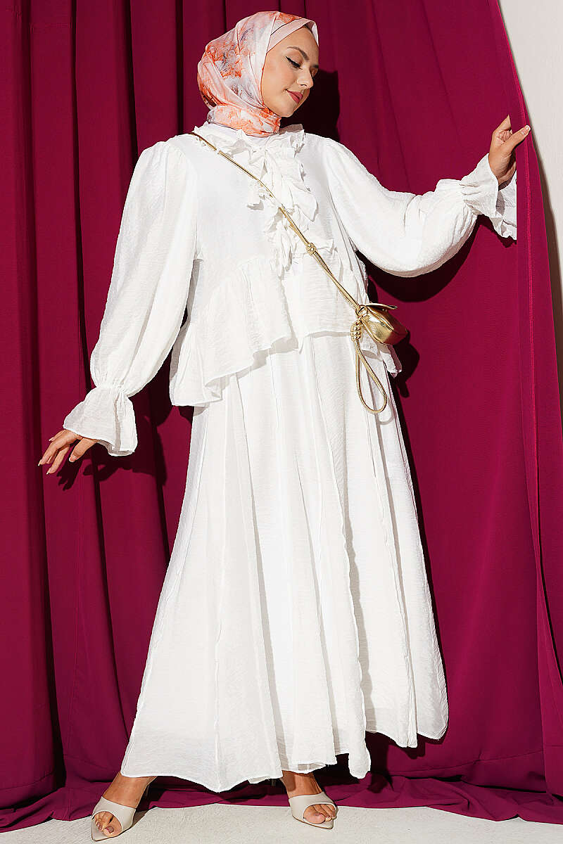 Two-Piece Skirt Set with Ruffles and Tie - Ecru